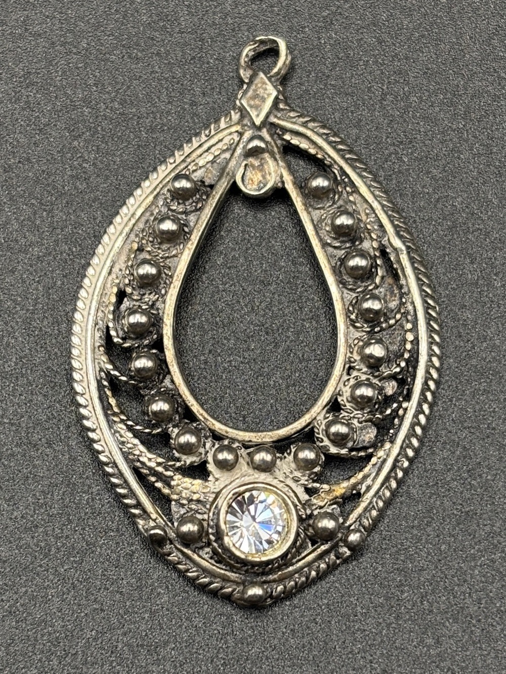 Antique Style Filigree Teardrop Open Frame Pendant Cannetille Beaded Paste Stone